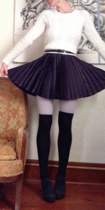 Accordion Pleated Skater Skirt Over The Knee Socks White Cable Knit Sweater Holiday White