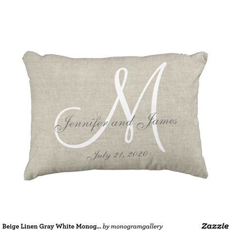 Beige Linen Gray White Monogram Wedding Keepsake Outdoor Pillow Unique
