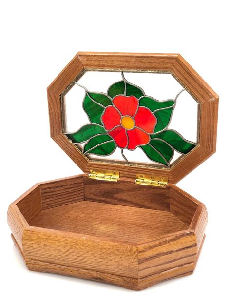 Lot Vintage Oak Wood Stained Glass Jewelry Box