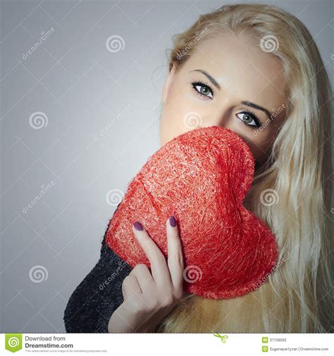 Beautiful Blond Woman With Red Heart Beauty Girl Show Love Symbol