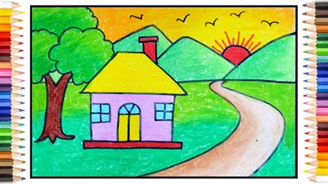 How to draw simple scenery | Scenery drawing for kids | Village drawing - YouTube