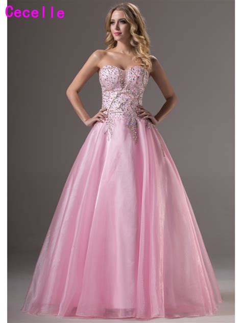 Sparkle Long Formal Pink Ball Gown Prom Dresses Sweetheart Beading