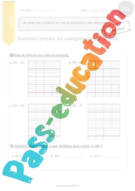 Consignes pour ces exercices : Je pose une addition et une soustraction sans retenue - CE1 - Exercices à imprimer