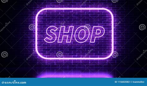 Realistic Brick Wall With Neon Shop Sign 3d Rendering Stock