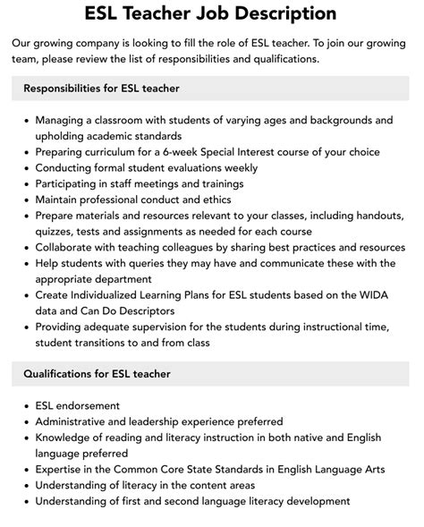 Esl Teacher Job Description Velvet Jobs