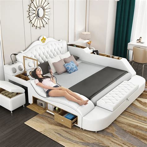Luxury Leather Smart Bed Multifunctional Bed Tatami King Platform Upholstered Fabric Soft Bed