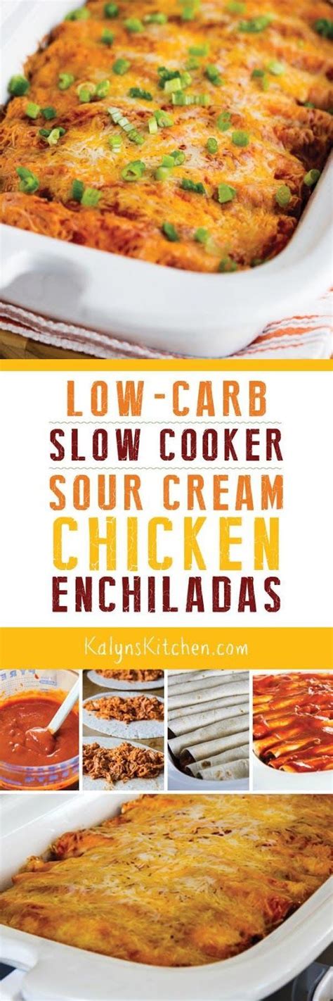 These creamy, easy chicken enchiladas topped with melted cheese and stuffed with onion, bell pepper strips, and green chiles will turn dinner into a mexican fiesta. Low-Carb Slow Cooker Sour Cream Chicken Enchiladas | The ...