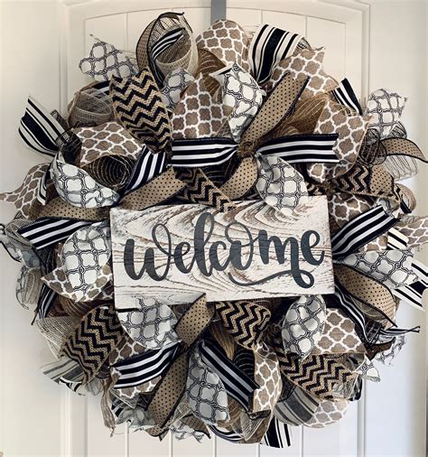 Black And White Burlap Farmhouse Welcome Wreath Front Door Etsy