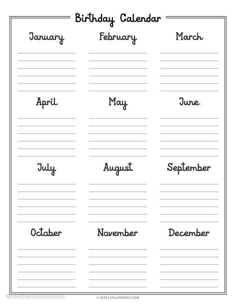 Printable Birthday List Calendar