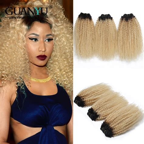 Guanyuhair Ombre Blonde Brazilian Remy Hair Kinky Curly Bundles With