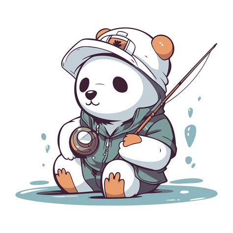 Panda In A Protective Suit With A Fishing Rod Vector Illustration