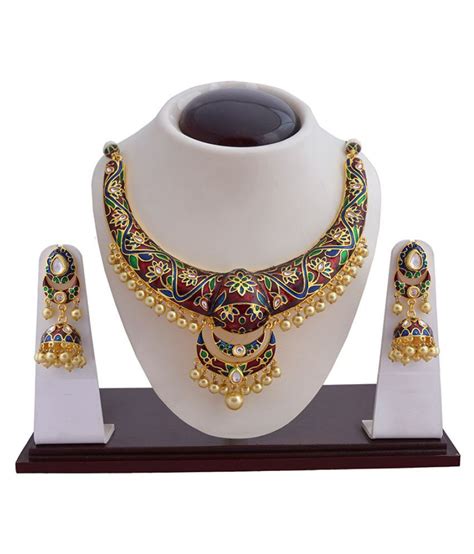 Traditional Meenakari Gold Plated Kundan Pearl Hasli Necklace Earring