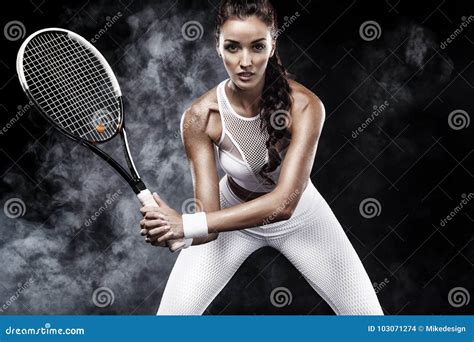 Beautiful Sport Woman Tennis Player With Racket In White Sportswear