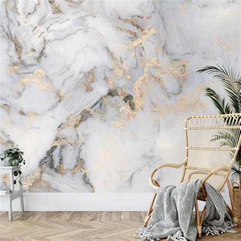 White Marble Gray Gold Wallpaper Marble Wall Mural Marble Etsy In
