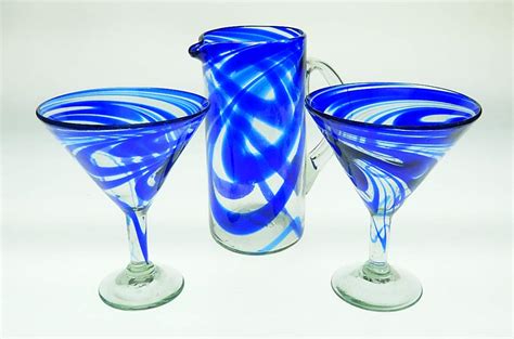 Mexican Glass Margarita Martini Blue Swirl With Matching Pitcher Set Of 3