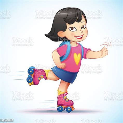 Little Asian Girl Rides On Roller Skates Stock Illustration Download
