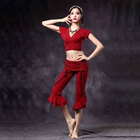 Women Tribal Belly Dance Top And Pants 2 Pieces Set V Neck Choli Tops And Short Pants Trousers Ats