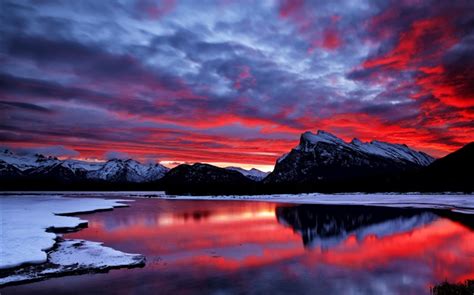 Red Sky Clouds Glow Sunset Mountain Lake Snow