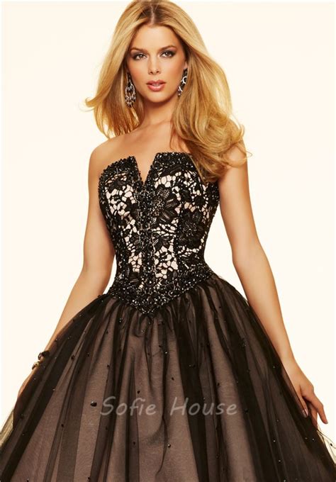 White and black long corset prom dress with lace appliques. Puffy Ball Gown Strapless Corset Black Tulle Lace Beaded ...