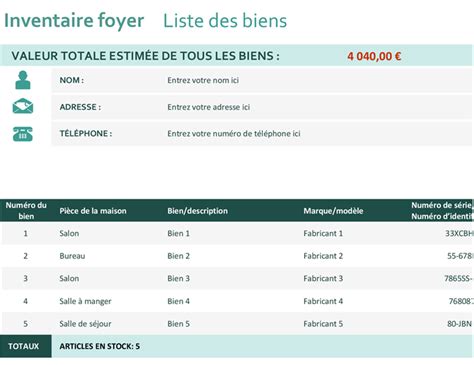 Modèle amiable permettant d'établir un inventaire du mobilier et des équipements domestiques. Inventaire foyer