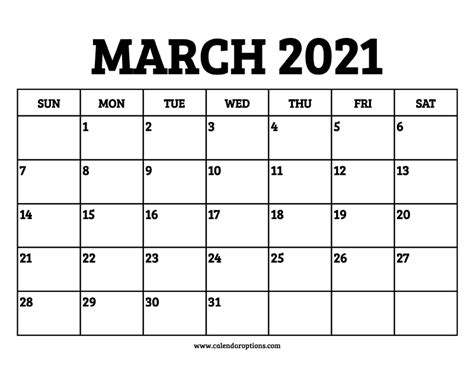 March 2021 Calendar Printable Calendar Options