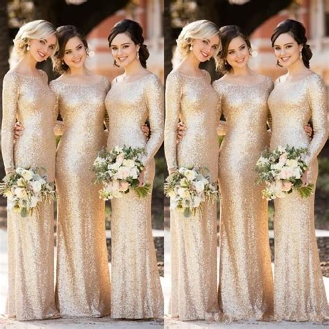 Sparkly Gold Sequins Bridesmaid Dresses Long Sleeves Scoop Neck Sweep