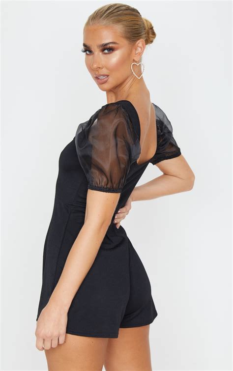 black organza puff sleeve playsuit prettylittlething aus