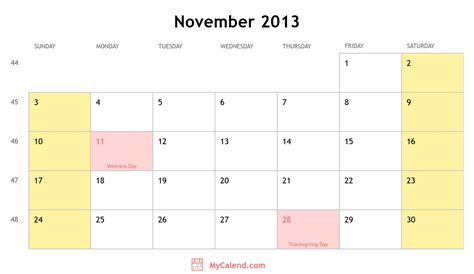 November 2013 Calendar With Holidays Monthly Printable Calendar