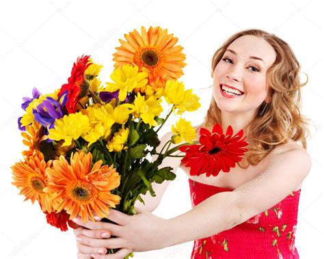 Happy Young Woman Giving Flowers — Stock Photo © Poznyakov 5189360