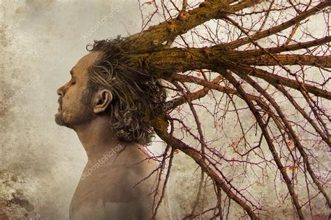 Man With Tree Branches Coming Out Of His Head — Stock Photo