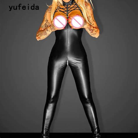 Yufeida Body Sexy De Piel Sintética Para Mujer Traje Negro Con Entrepierna Abierta Catsuit