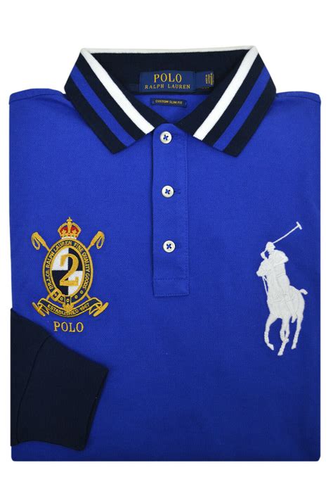 New Polo Ralph Lauren Mens Blue Striped Collar Ls Big Pony Polo Shirt