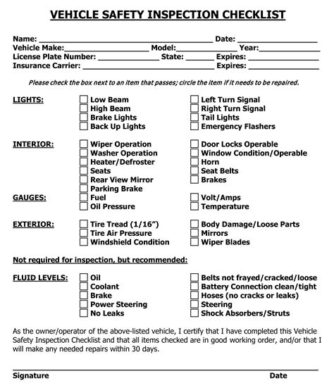 Printable Vehicle Inspection Checklist The Main Purpose Of A Vehicle