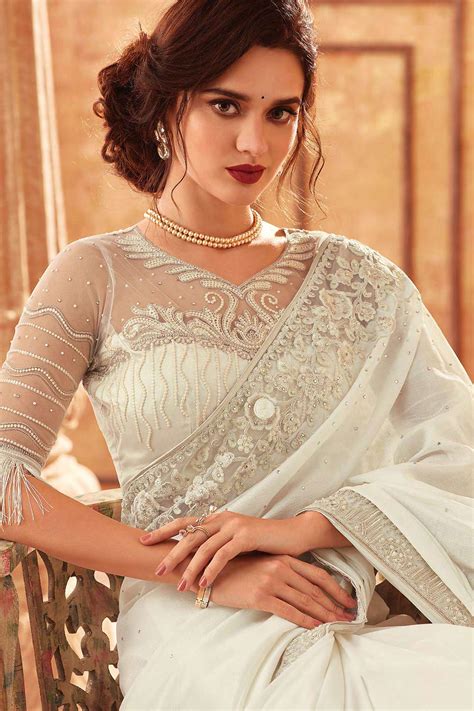 Buy White Silk Embroidered Saree Online Like A Diva