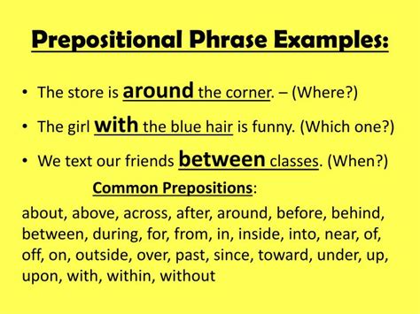 The prepositional phrase in each sentence is italicized for easy identification. PPT - Intro to Phrases: Prepositional, Appositive ...