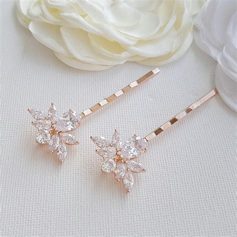 Bridal Hair Pins Crystal Pearl Hair Pins Rose Gold Crystal Etsy