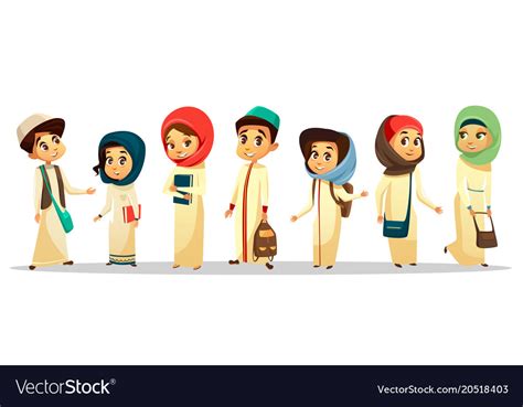 Cartoon Arab Muslim Students In Hijab Set Vector Image