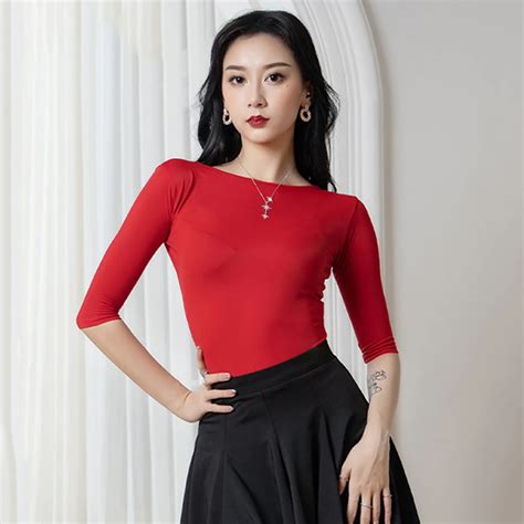 New Red Latin Dance Tops For Women Adult Summer Short Sleeve Shirt Modal Clothes Ballroom Dance