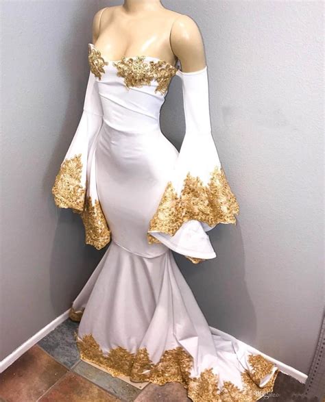 White And Gold Prom Dresses 2019 Mermaid Off The Shoulder Long Sleeve