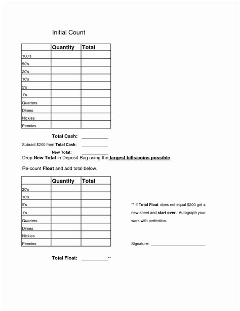 Cash Drawer Count Sheet Template