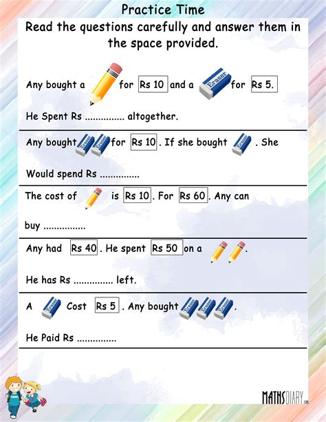 Some of the worksheets for this concept are money word problems, grade 1 counting money word problems, name class money, grade one saving money, barter money, money basics, grade 1 money, everyday math skills workbooks series. Statement sums of Money - Math Worksheets - MathsDiary.com