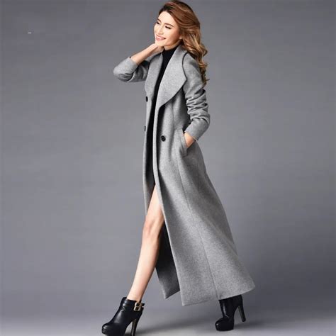 new arrival large lapel long wool coats women s elegant grey woolen trench coat slim double