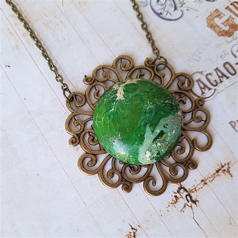 Bright Emerald Green Filigree Bronze And Marbled Jasper Stone Necklace