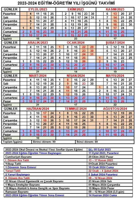 2023 2024 Eğitim Öğretim Yılı İş Günü Takvimi Meb Ders