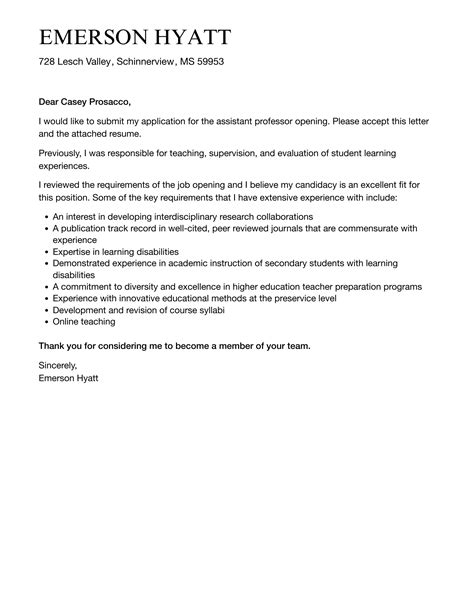 Assistant Professor Cover Letter Velvet Jobs