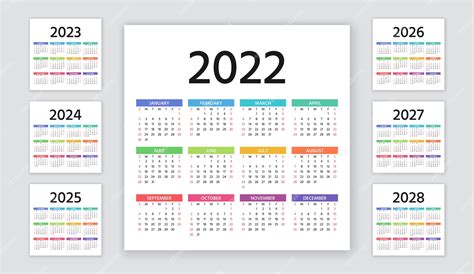 Premium Vector 日历2022年、2023年、2024年、2025年、2026年、2027年、2028年。周日开始。压延机布局