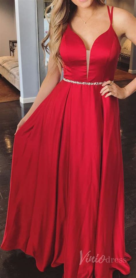 Spaghetti Strap Red Prom Dresses V Neck Long Formal Dress Fd Red