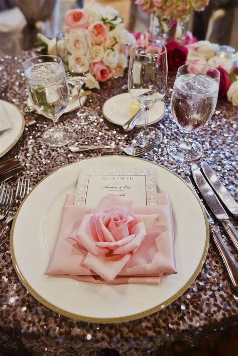 Pink Rose Place Setting And Sparkly Tablecloth