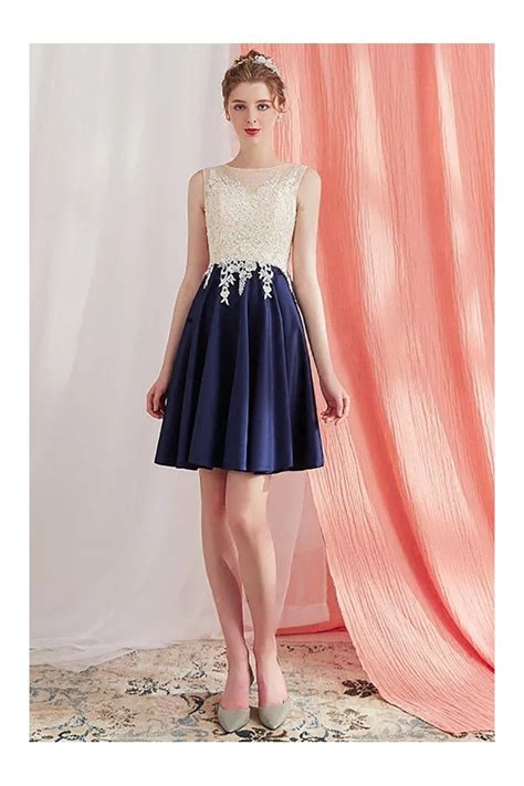 Elegant Champagne And Blue Lace Aline Short Homecoming Dress Navy 71