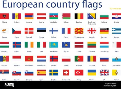 Vector Abbildung Der Europäischen Flaggen Mit Namen 50 Ländern Stock